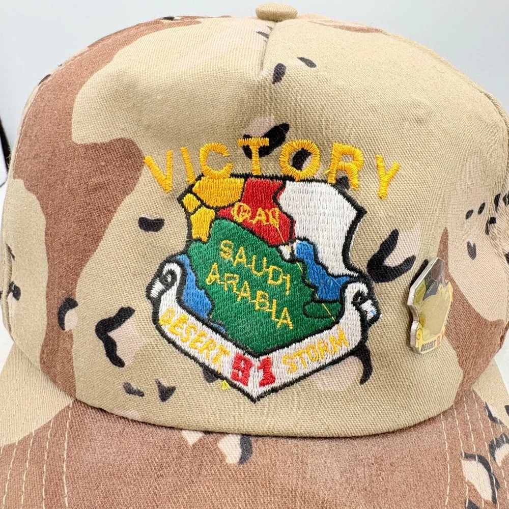 Vintage Desert Storm 91 Victory‎ Saudi Arabia Camo Snapback Hat Pin USA Military